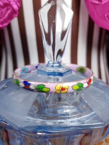 Vintage 1970s Cloisonne Flower Bracelet Bangle Lilac Floral Boho