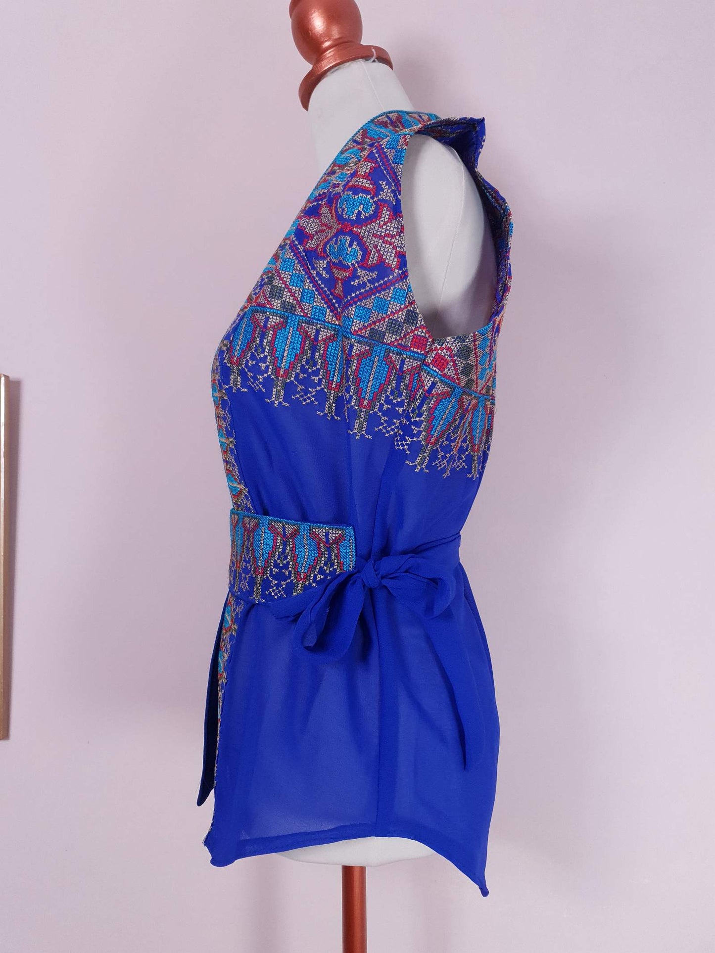 1970s Vintage Boho Blue Top Blouse Chiffon Cross Stitch with Belt - Size 12 Ladies