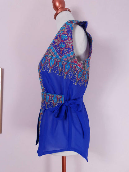1970s Vintage Boho Blue Top Blouse Chiffon Cross Stitch with Belt - Size 12 Ladies