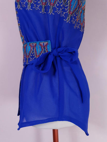 1970s Vintage Boho Blue Top Blouse Chiffon Cross Stitch with Belt - Size 12 Ladies