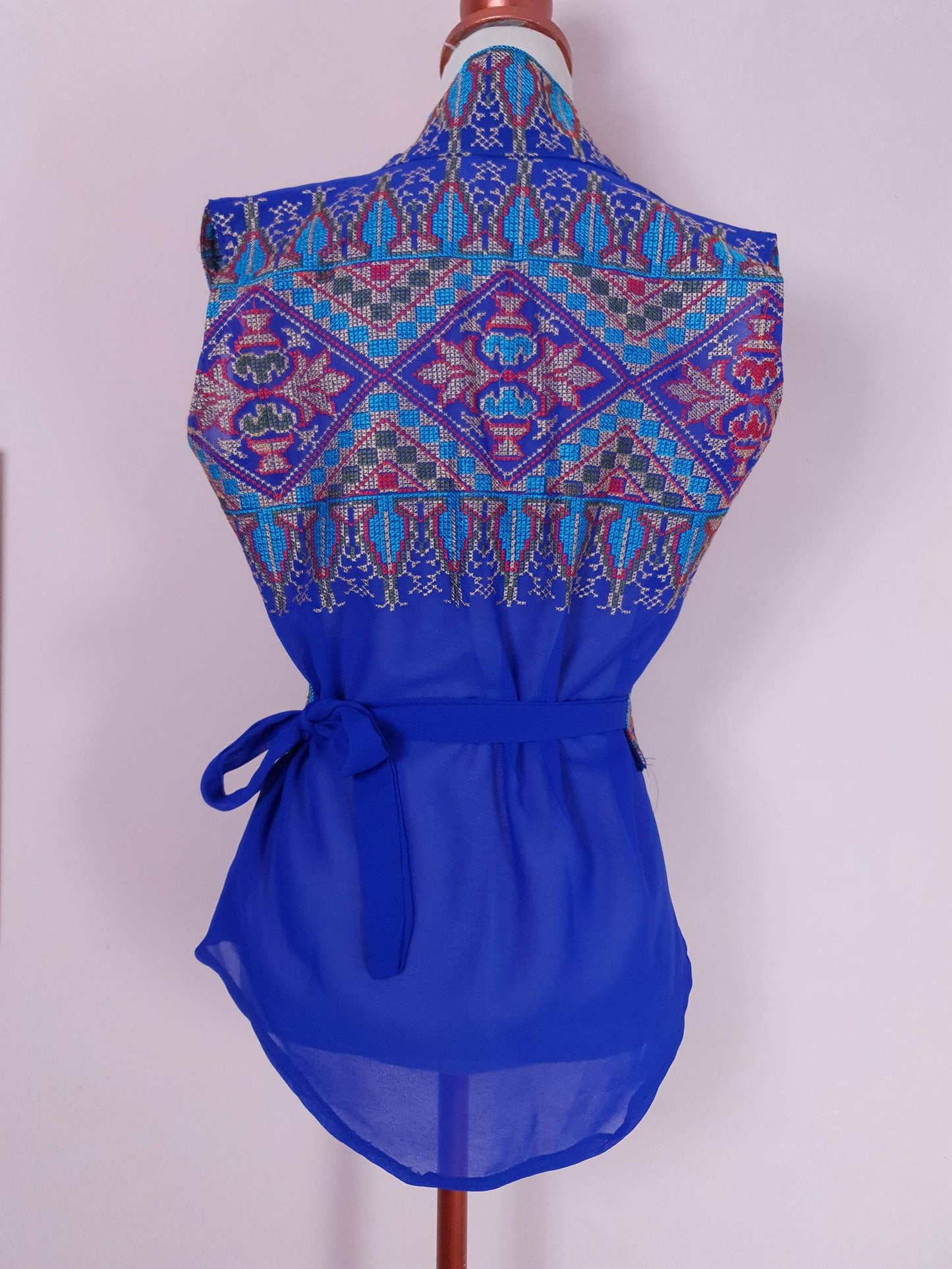 1970s Vintage Boho Blue Top Blouse Chiffon Cross Stitch with Belt - Size 12 Ladies