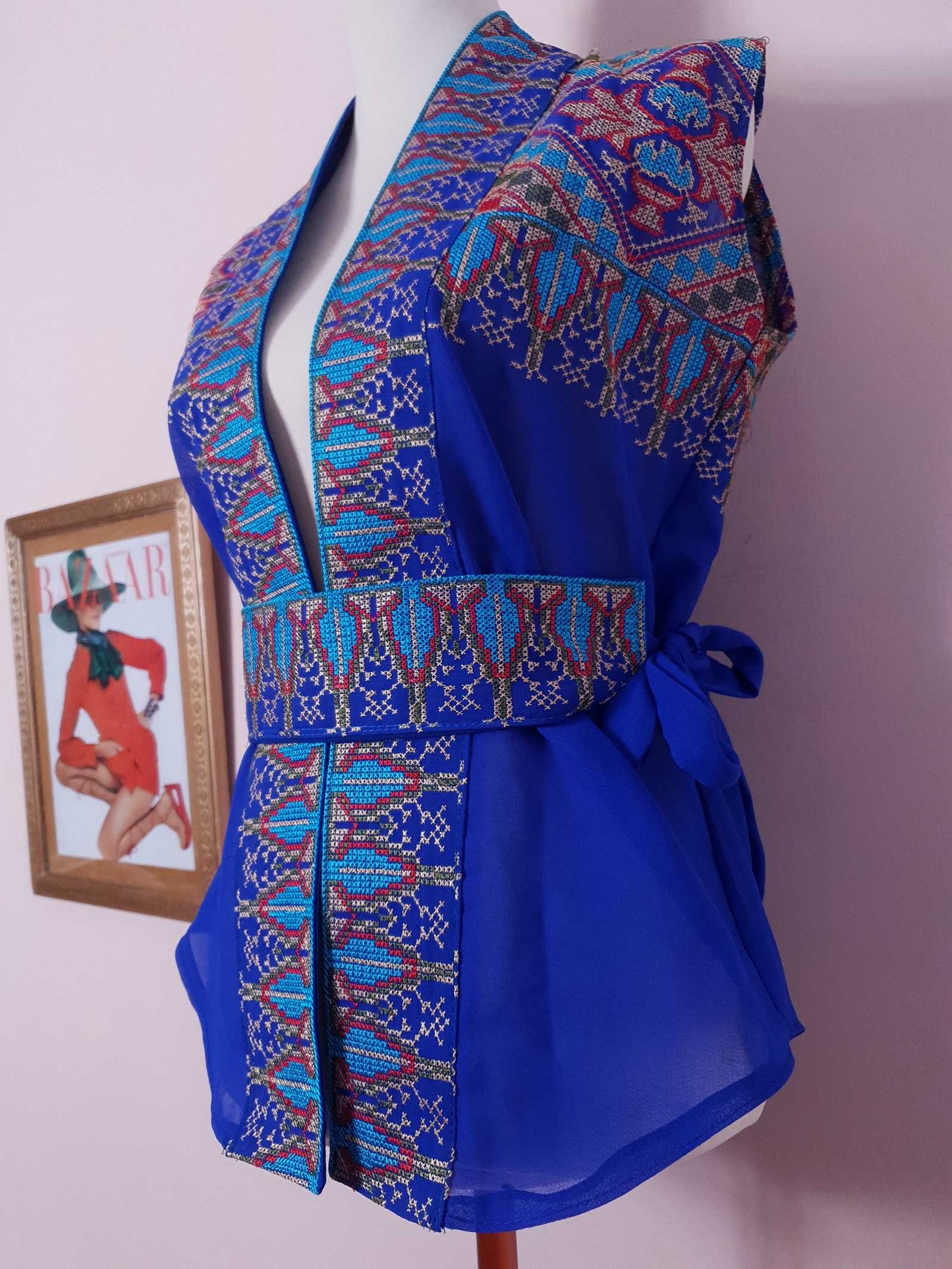 1970s Vintage Boho Blue Top Blouse Chiffon Cross Stitch with Belt - Size 12 Ladies