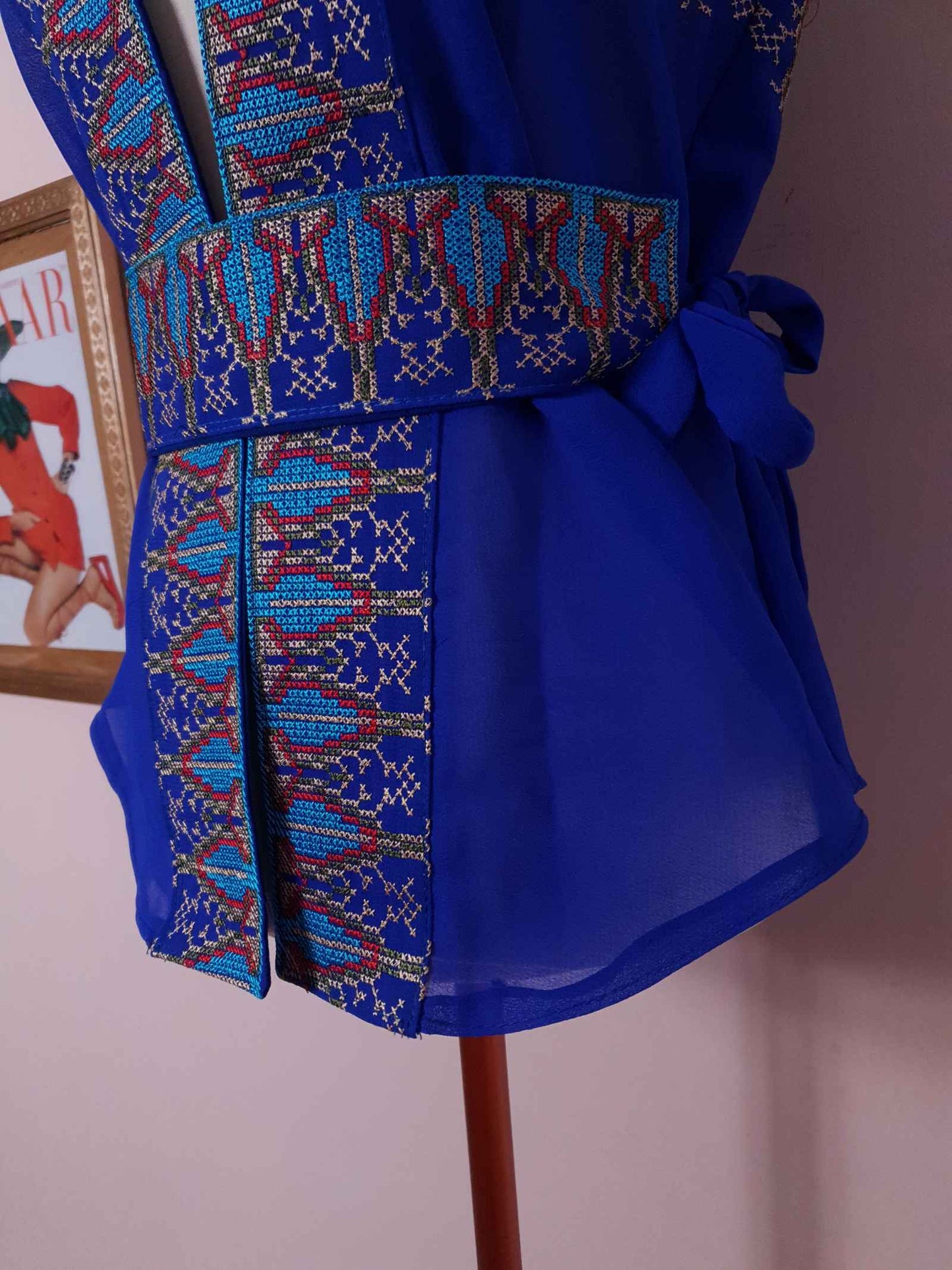 1970s Vintage Boho Blue Top Blouse Chiffon Cross Stitch with Belt - Size 12 Ladies