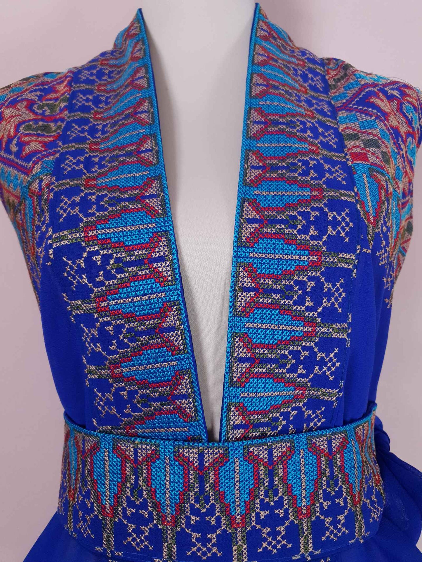 1970s Vintage Boho Blue Top Blouse Chiffon Cross Stitch with Belt - Size 12 Ladies