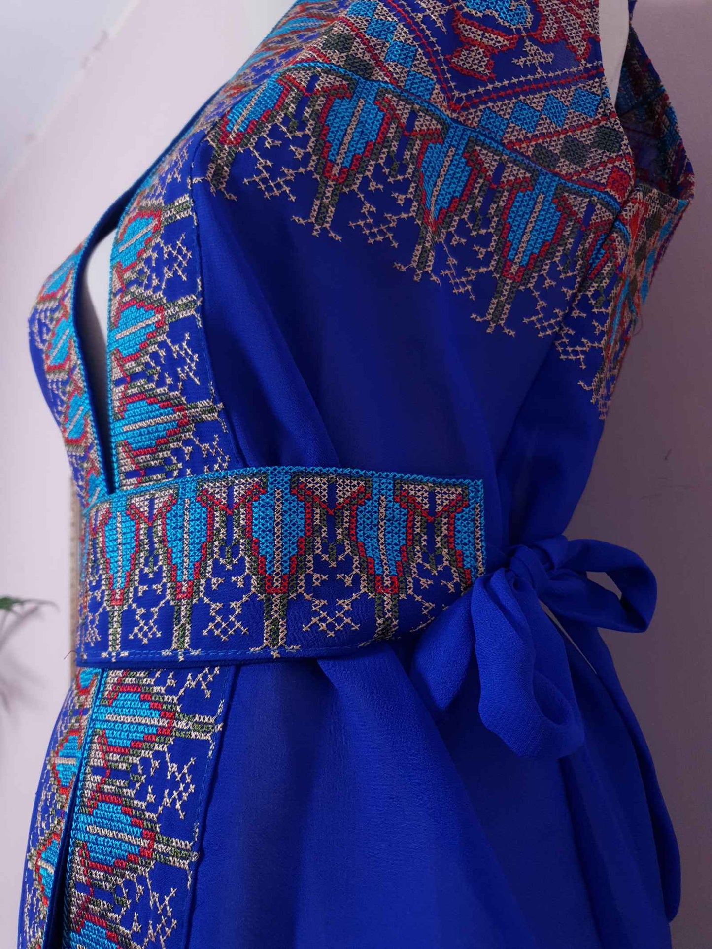 1970s Vintage Boho Blue Top Blouse Chiffon Cross Stitch with Belt - Size 12 Ladies