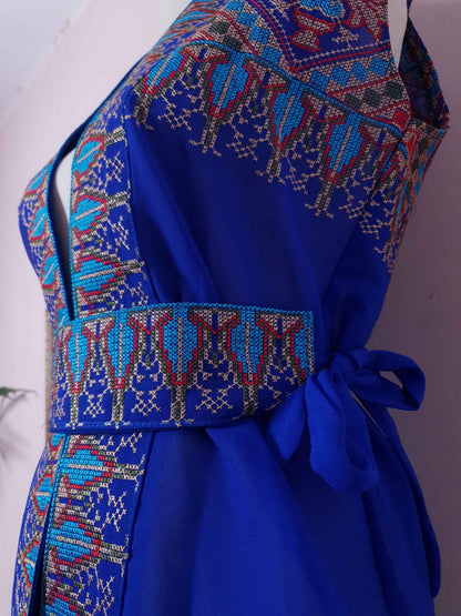 1970s Vintage Boho Blue Top Blouse Chiffon Cross Stitch with Belt - Size 12 Ladies