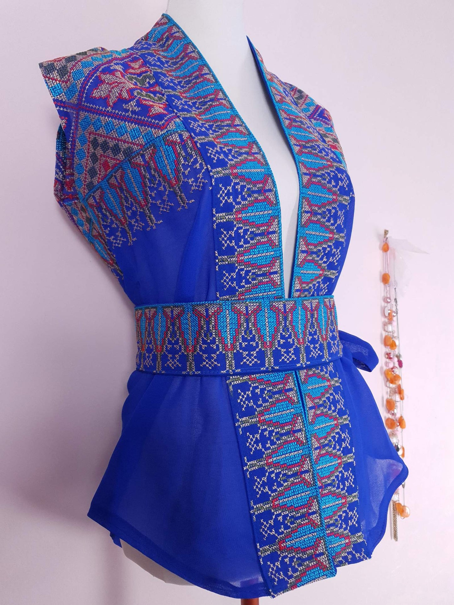 1970s Vintage Boho Blue Top Blouse Chiffon Cross Stitch with Belt - Size 12 Ladies