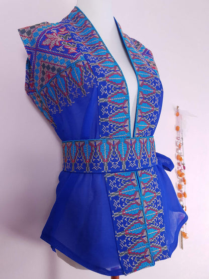 1970s Vintage Boho Blue Top Blouse Chiffon Cross Stitch with Belt - Size 12 Ladies