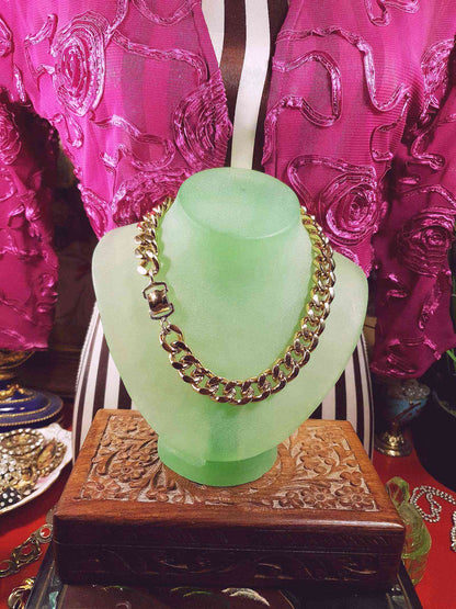 Vintage 1970s Curb Chain Choker Necklace 15" Gold Tone Retro