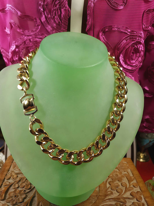 Vintage 1970s Curb Chain Choker Necklace 15" Gold Tone Retro