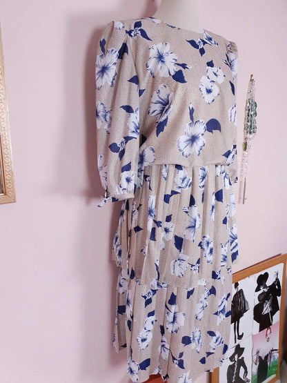 Vintage 1970s Pleated Dress Midi Blue Floral Beige Polka Dot Summer Size 14