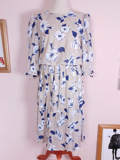 Vintage 1970s Pleated Dress Midi Blue Floral Beige Polka Dot Summer Size 14