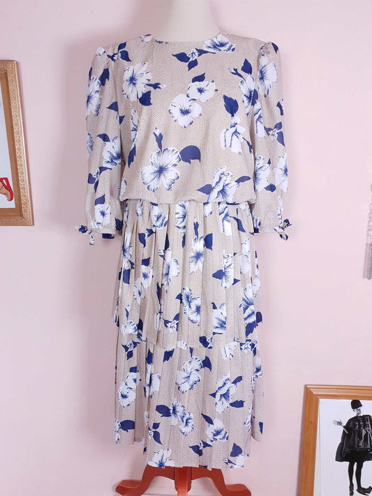 Vintage 1970s Pleated Dress Midi Blue Floral Beige Polka Dot Summer Size 14
