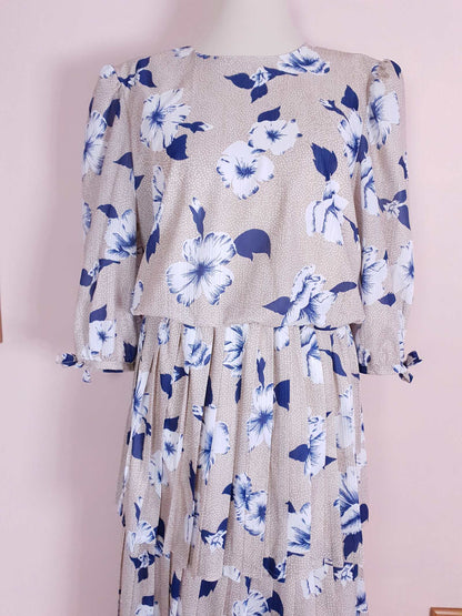 Vintage 1970s Pleated Dress Midi Blue Floral Beige Polka Dot Summer Size 14