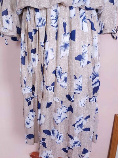Vintage 1970s Pleated Dress Midi Blue Floral Beige Polka Dot Summer Size 14