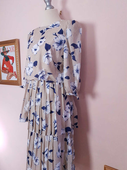Vintage 1970s Pleated Dress Midi Blue Floral Beige Polka Dot Summer Size 14