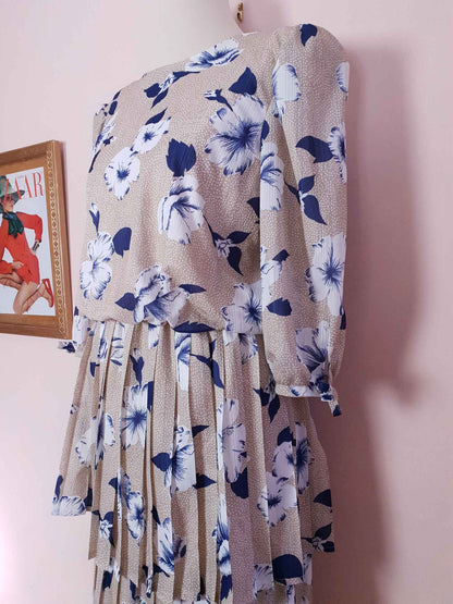 Vintage 1970s Pleated Dress Midi Blue Floral Beige Polka Dot Summer Size 14