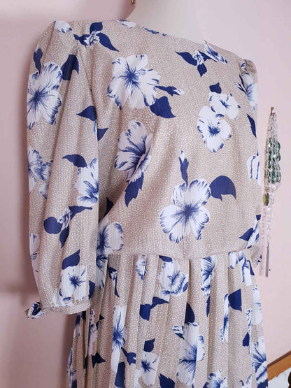 Vintage 1970s Pleated Dress Midi Blue Floral Beige Polka Dot Summer Size 14