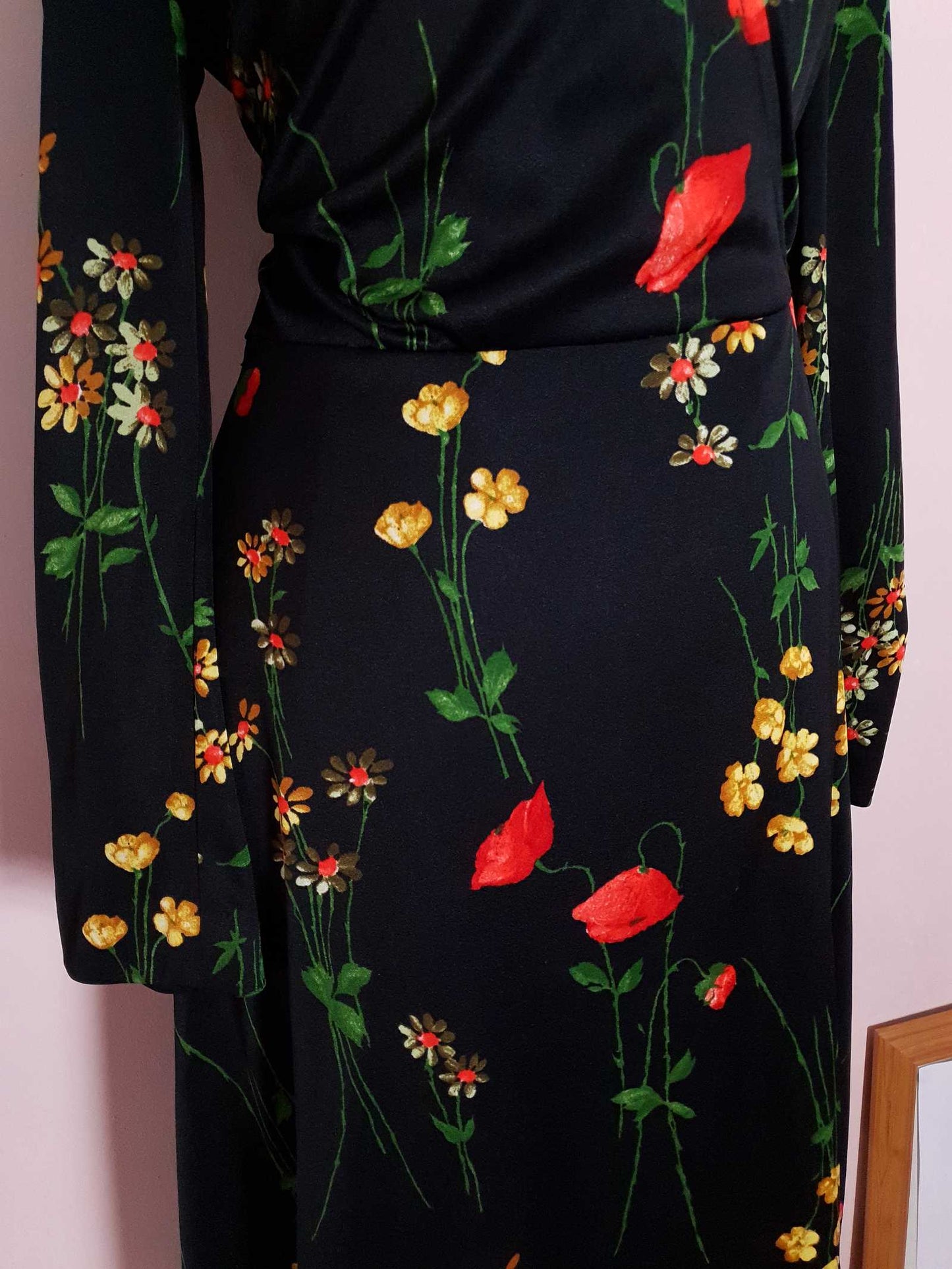 Vintage 1970s Black Floral Wrap Dress Midi Poppies Buttercup Daisies Flowers Retro