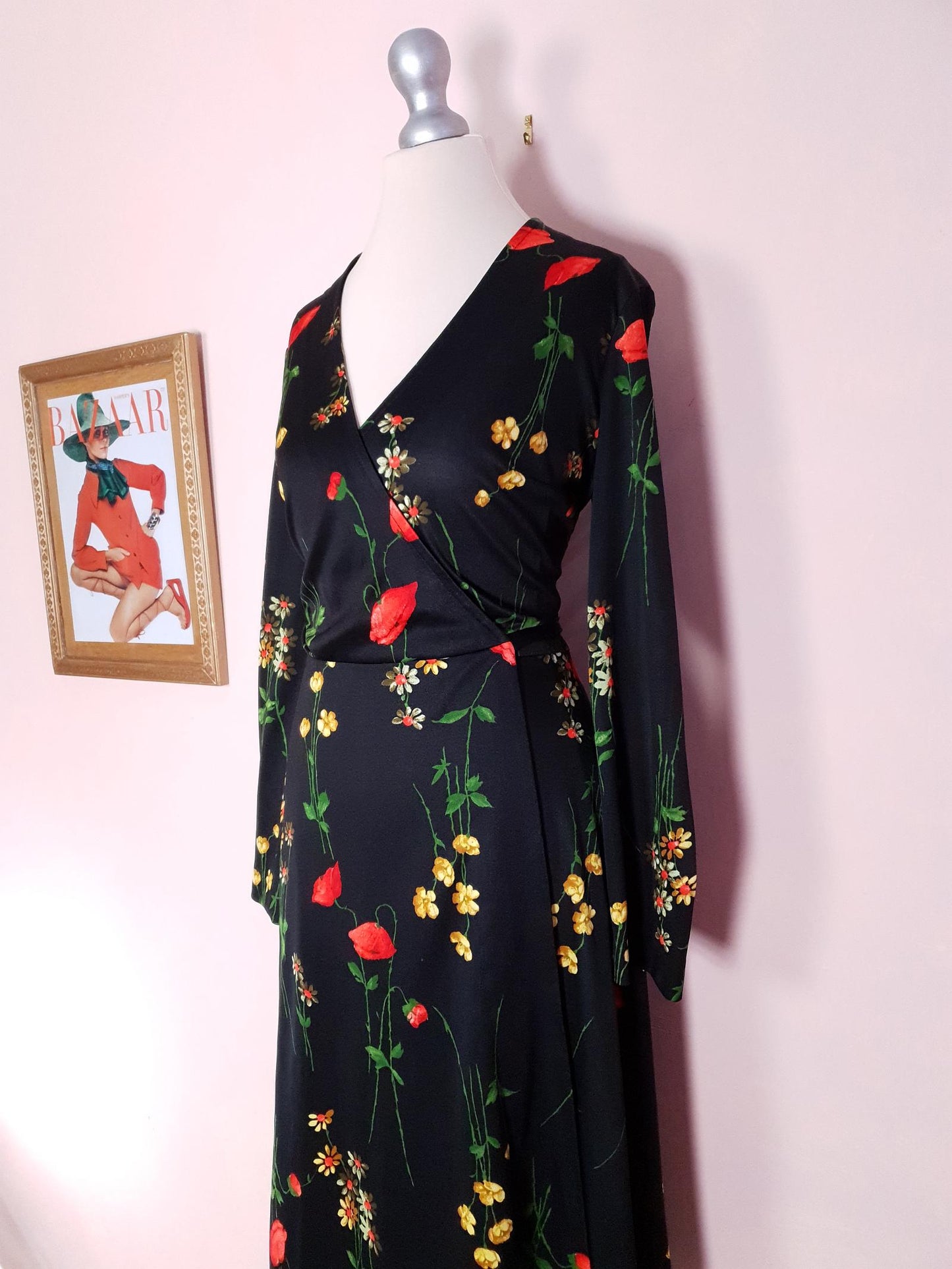 Vintage 1970s Black Floral Wrap Dress Midi Poppies Buttercup Daisies Flowers Retro