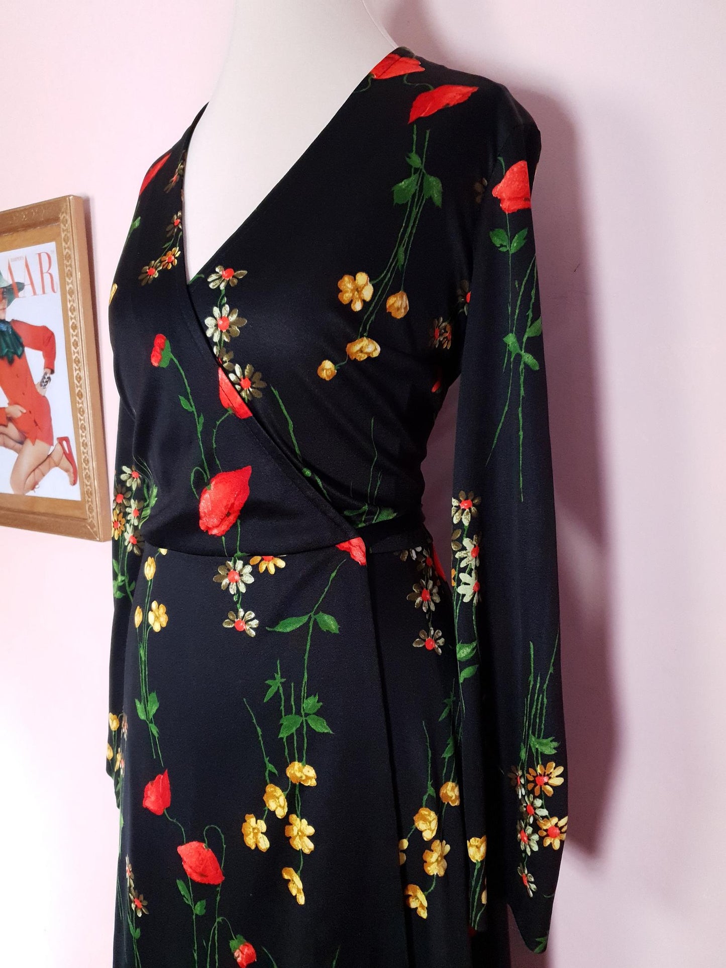 Vintage 1970s Black Floral Wrap Dress Midi Poppies Buttercup Daisies Flowers Retro