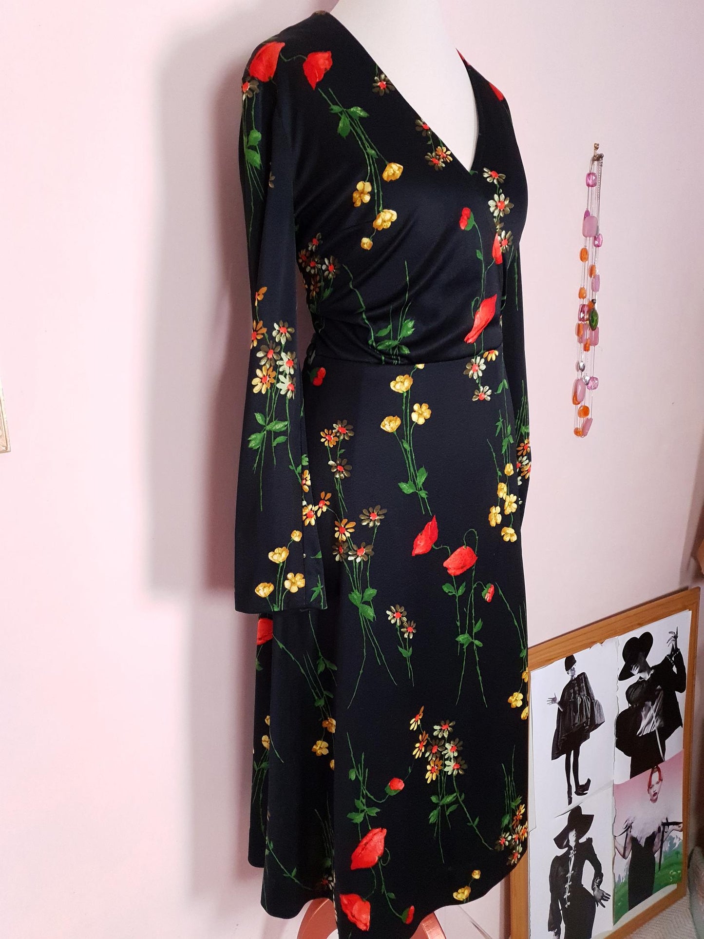 Vintage 1970s Black Floral Wrap Dress Midi Poppies Buttercup Daisies Flowers Retro
