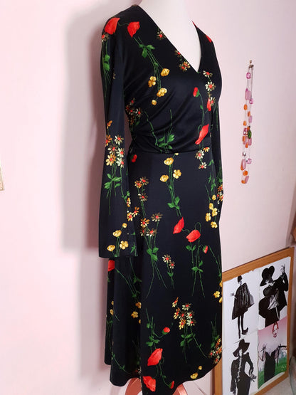 Vintage 1970s Black Floral Wrap Dress Midi Poppies Buttercup Daisies Flowers Retro