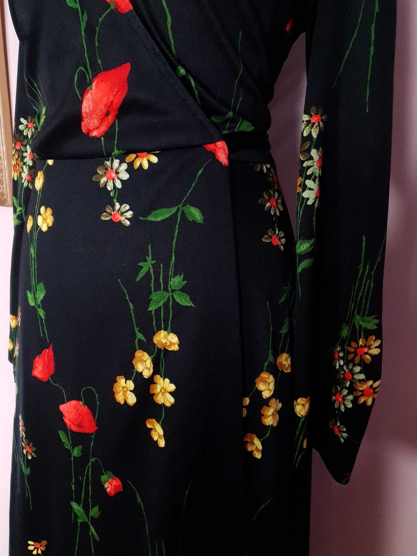 Vintage 1970s Black Floral Wrap Dress Midi Poppies Buttercup Daisies Flowers Retro
