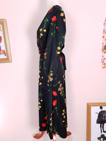 Vintage 1970s Black Floral Wrap Dress Midi Poppies Buttercup Daisies Flowers Retro