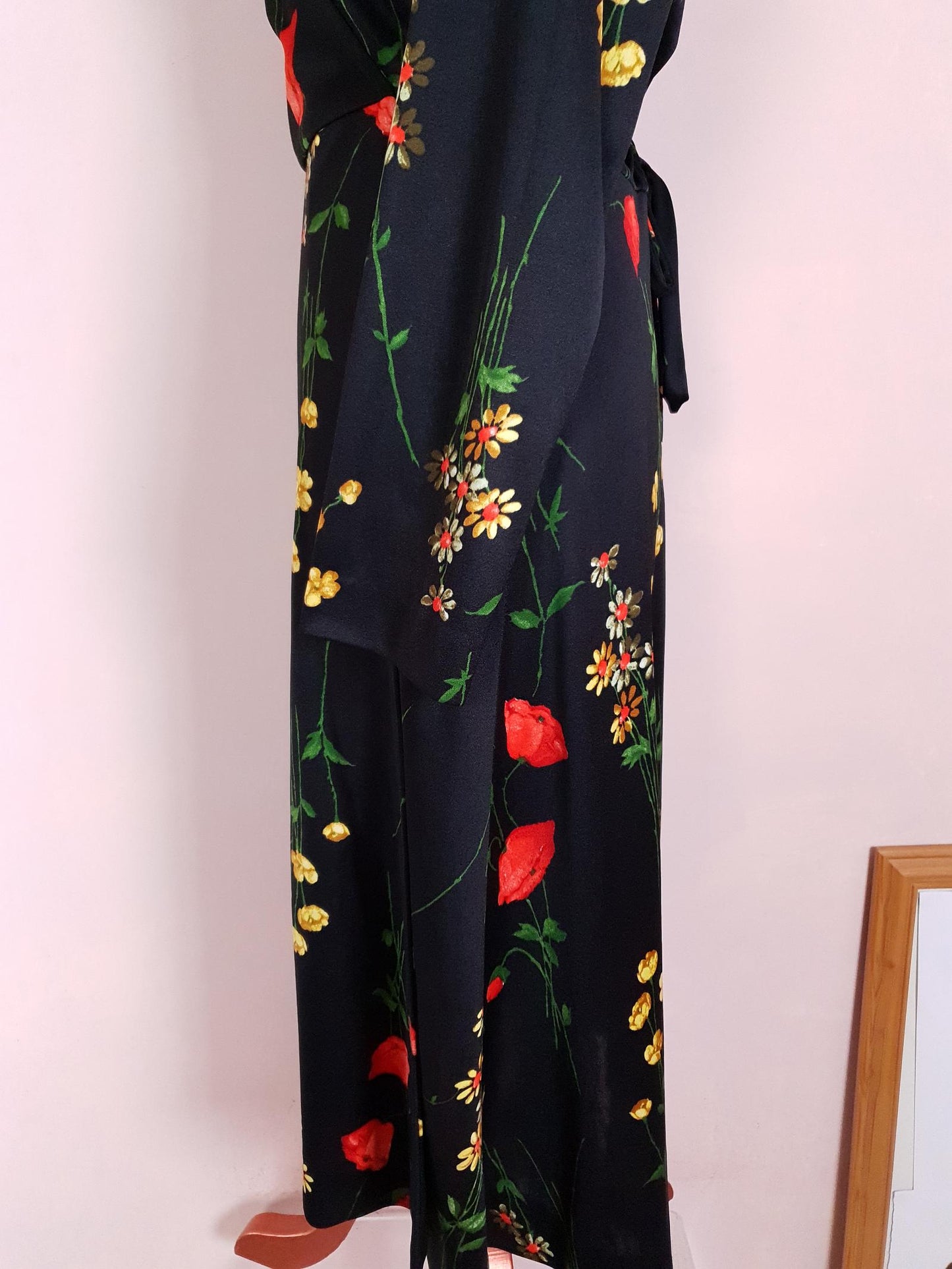 Vintage 1970s Black Floral Wrap Dress Midi Poppies Buttercup Daisies Flowers Retro