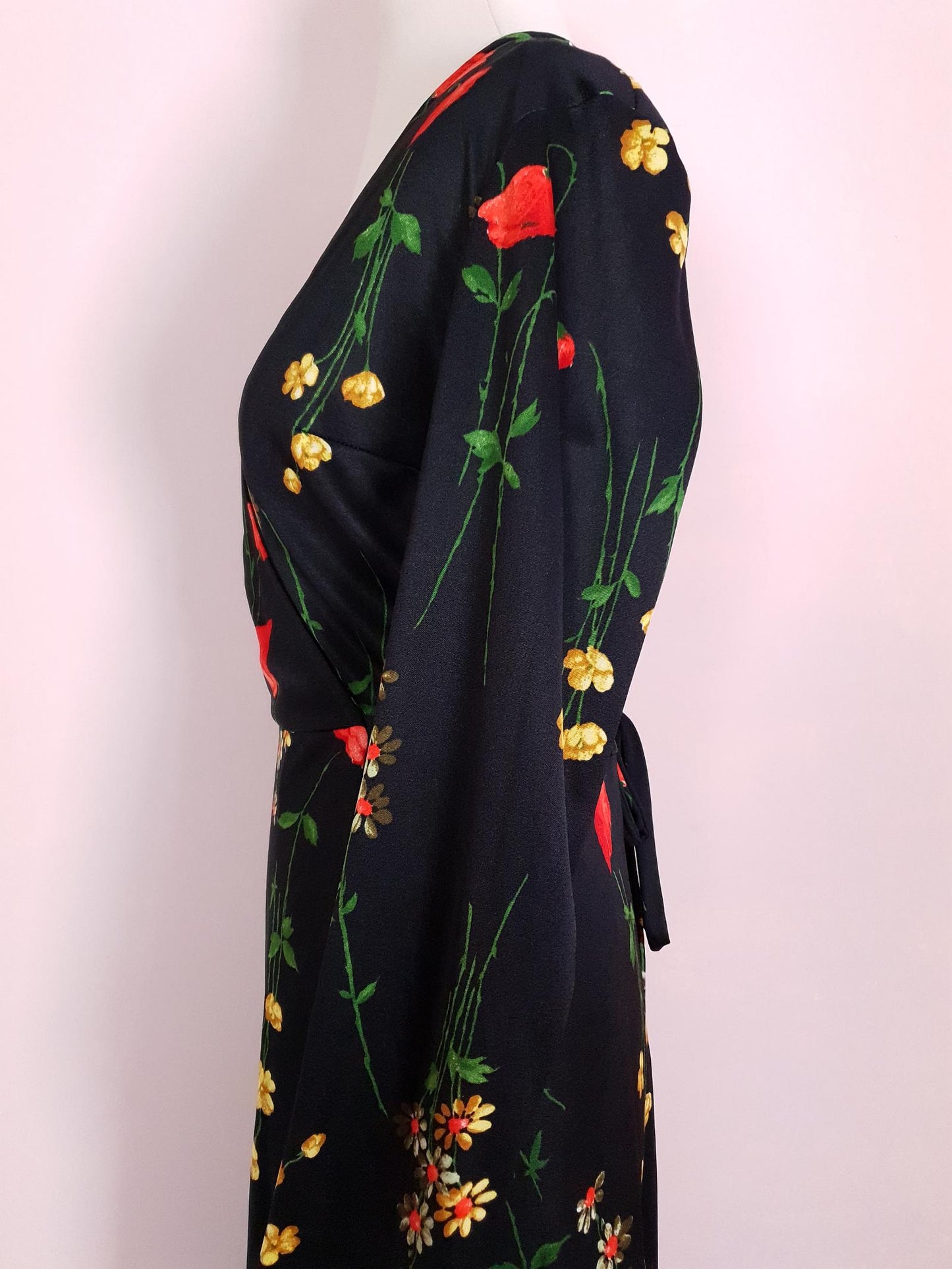 Vintage 1970s Black Floral Wrap Dress Midi Poppies Buttercup Daisies Flowers Retro