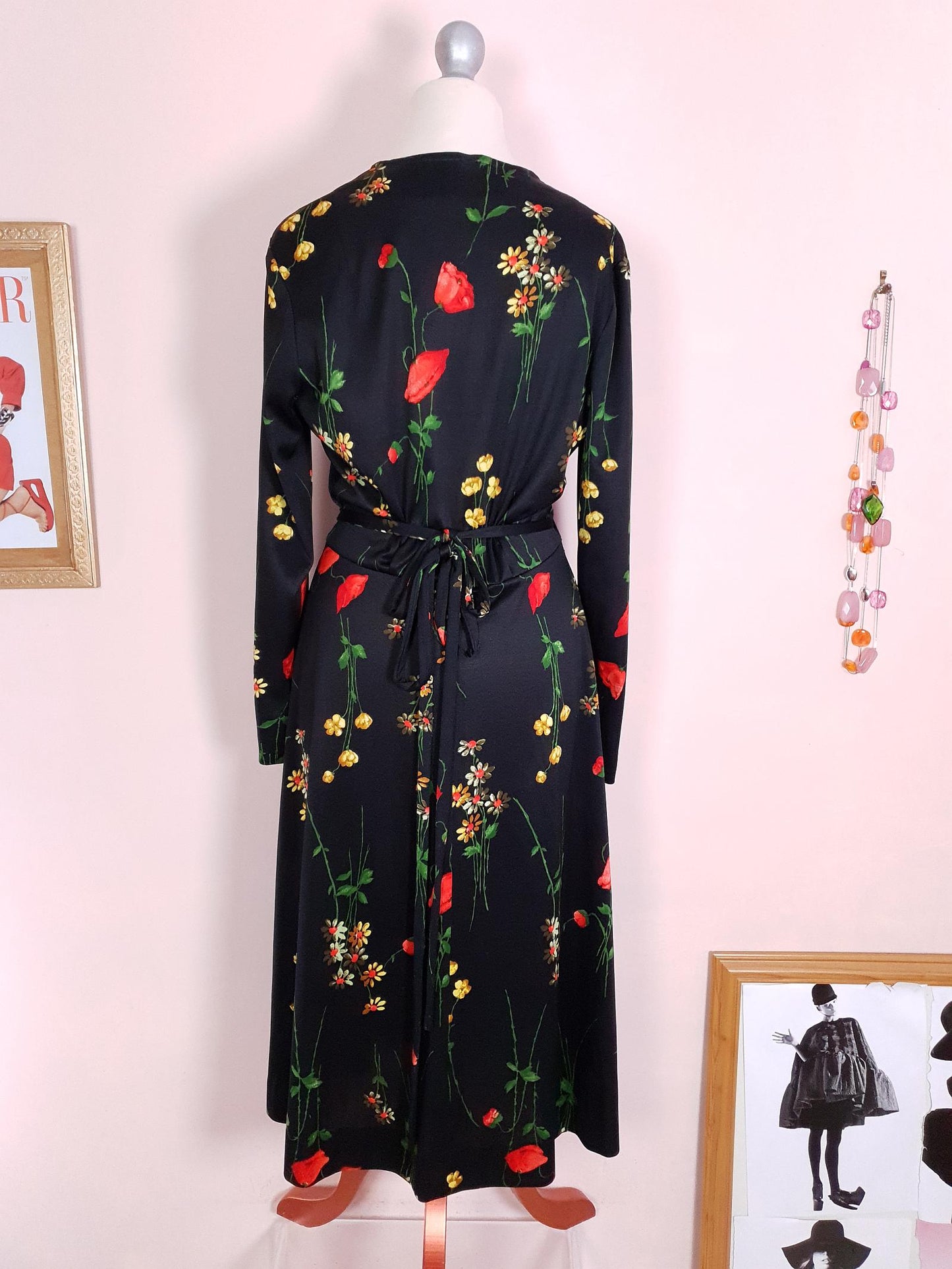 Vintage 1970s Black Floral Wrap Dress Midi Poppies Buttercup Daisies Flowers Retro