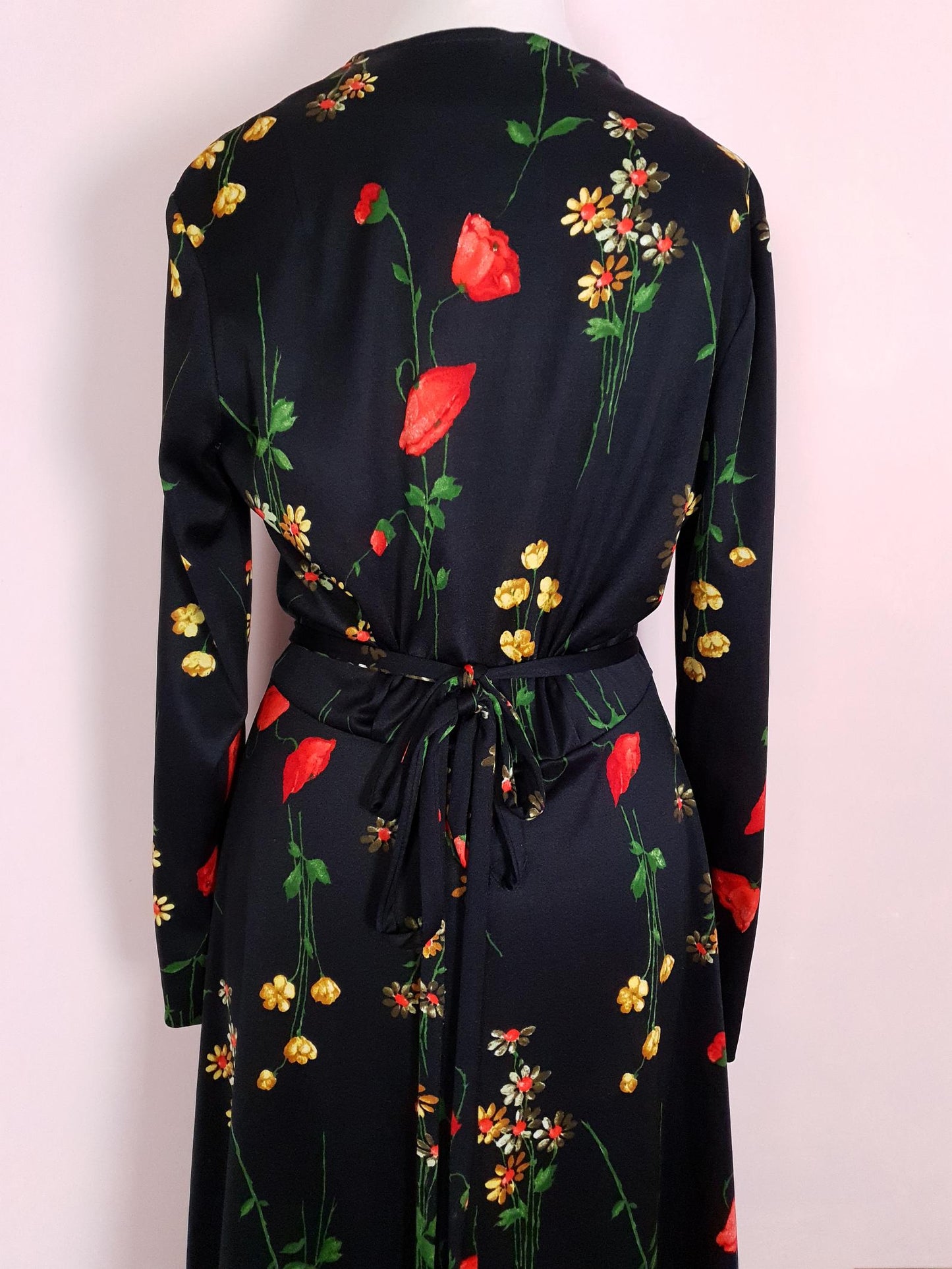 Vintage 1970s Black Floral Wrap Dress Midi Poppies Buttercup Daisies Flowers Retro