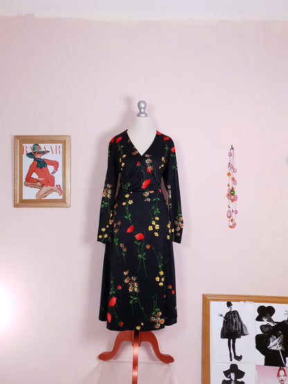 Vintage 1970s Black Floral Wrap Dress Midi Poppies Buttercup Daisies Flowers Retro
