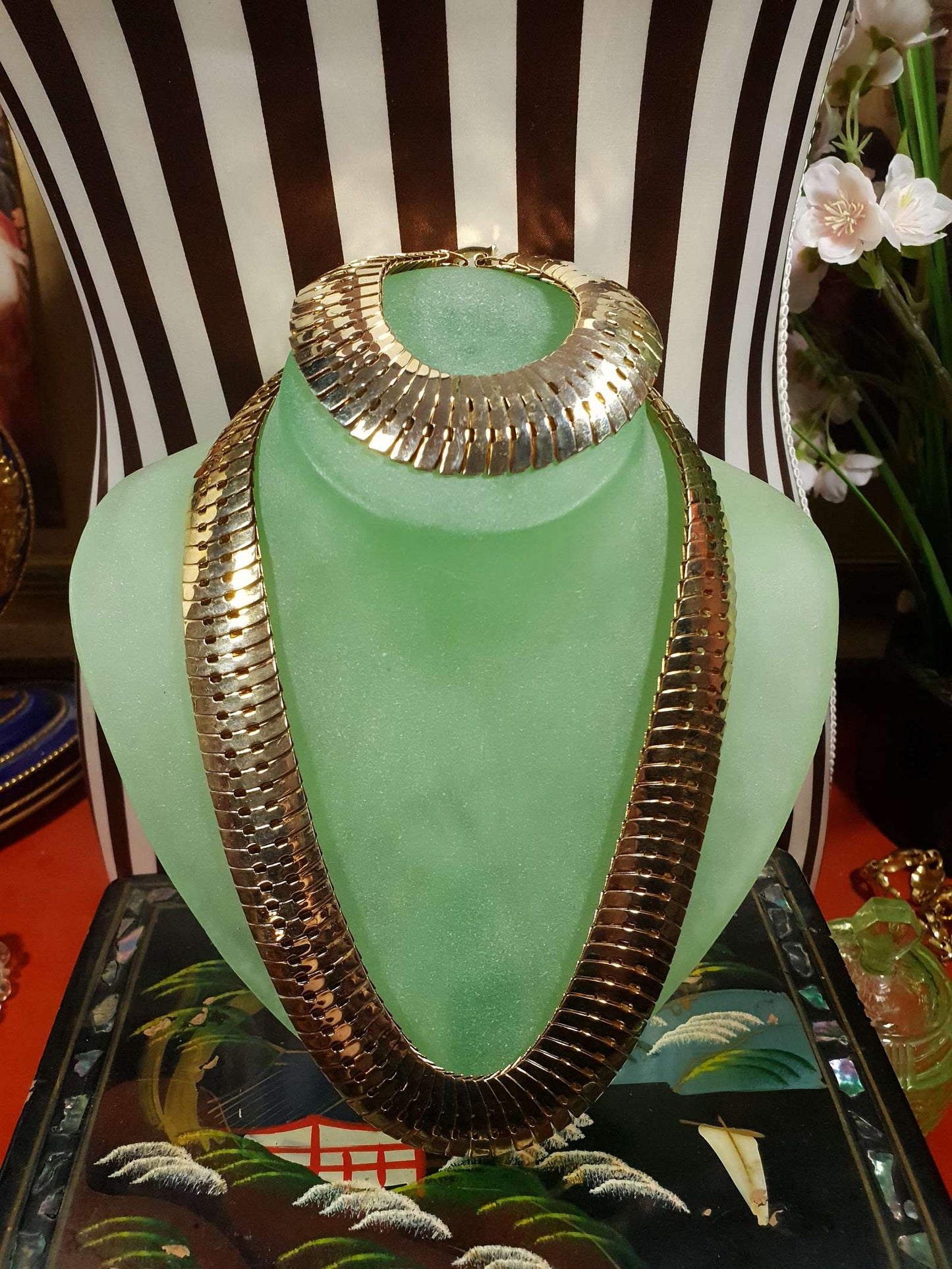 Vintage 1970s Gold Tone Snake Chain Necklace Bracelet Set Demi Parure - RARE
