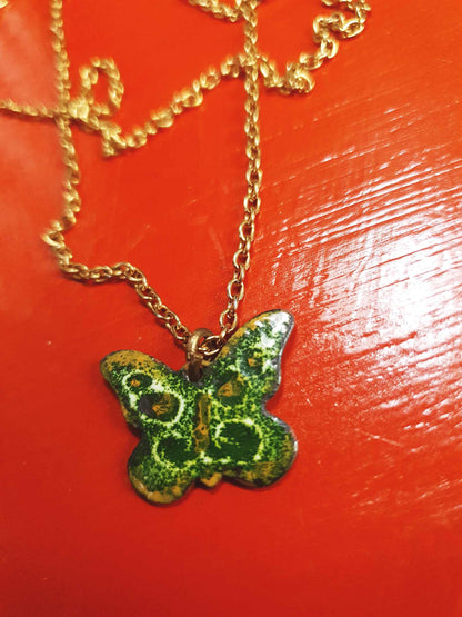 Vintage Green Enamel Butterfly Pendant Necklace 26" 1970s Retro
