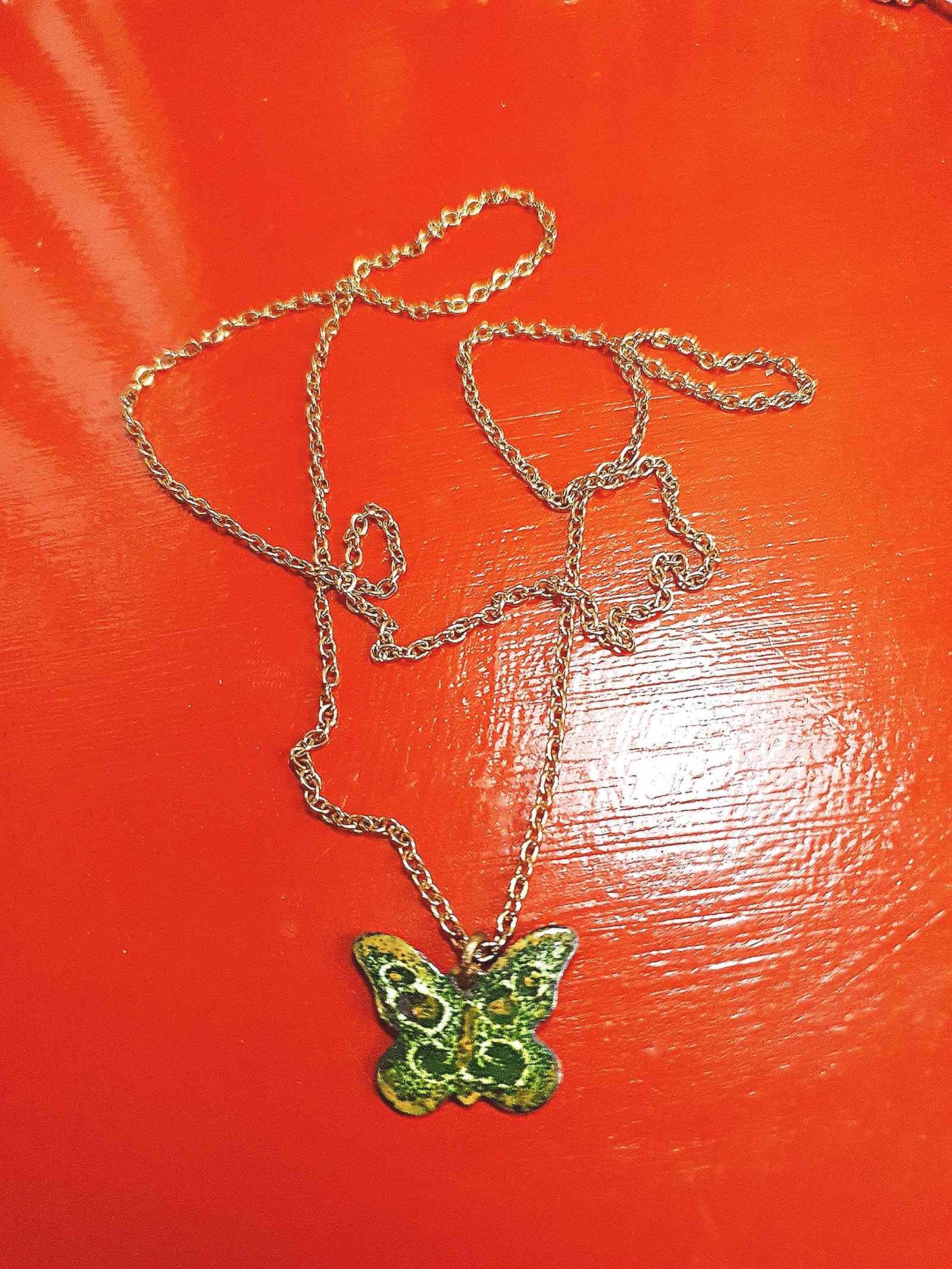 Vintage Green Enamel Butterfly Pendant Necklace 26" 1970s Retro