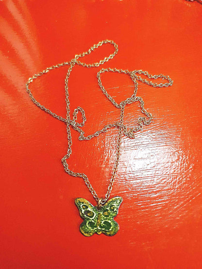 Vintage Green Enamel Butterfly Pendant Necklace 26" 1970s Retro