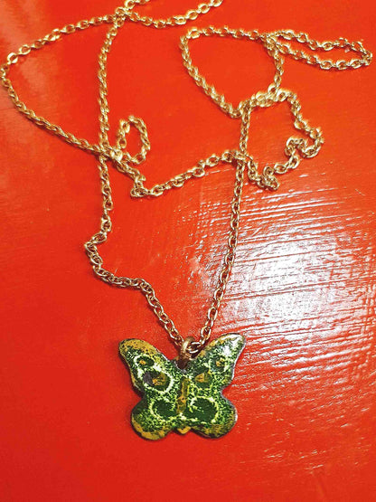 Vintage Green Enamel Butterfly Pendant Necklace 26" 1970s Retro
