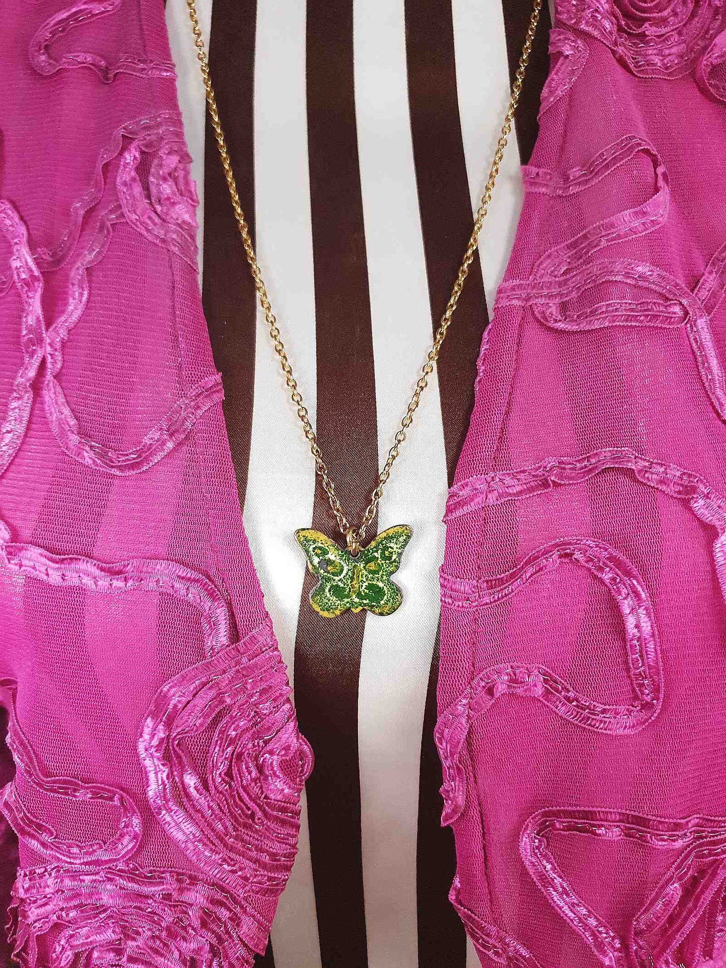 Vintage Green Enamel Butterfly Pendant Necklace 26" 1970s Retro