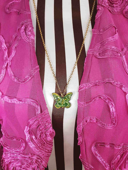 Vintage Green Enamel Butterfly Pendant Necklace 26" 1970s Retro