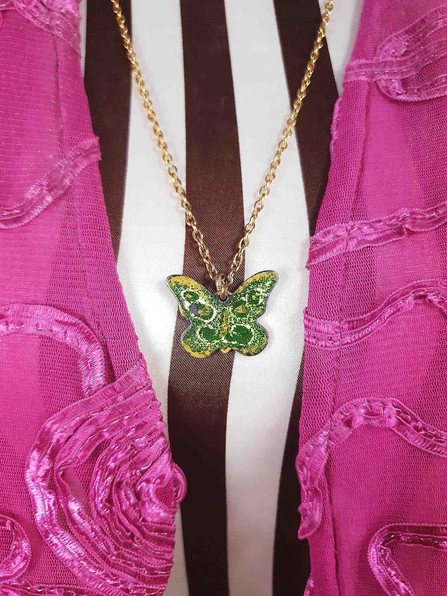Vintage Green Enamel Butterfly Pendant Necklace 26" 1970s Retro