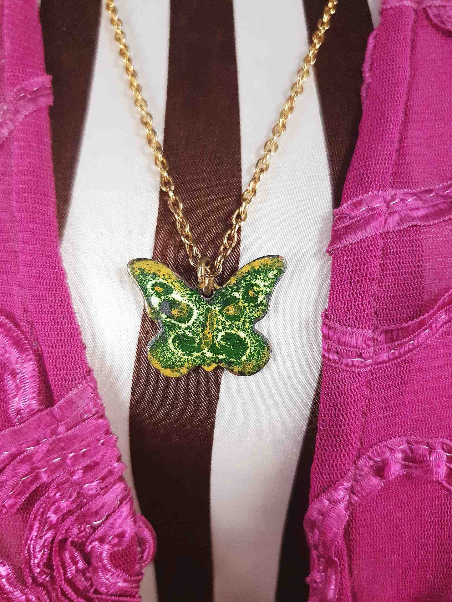 Vintage Green Enamel Butterfly Pendant Necklace 26" 1970s Retro