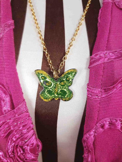 Vintage Green Enamel Butterfly Pendant Necklace 26" 1970s Retro