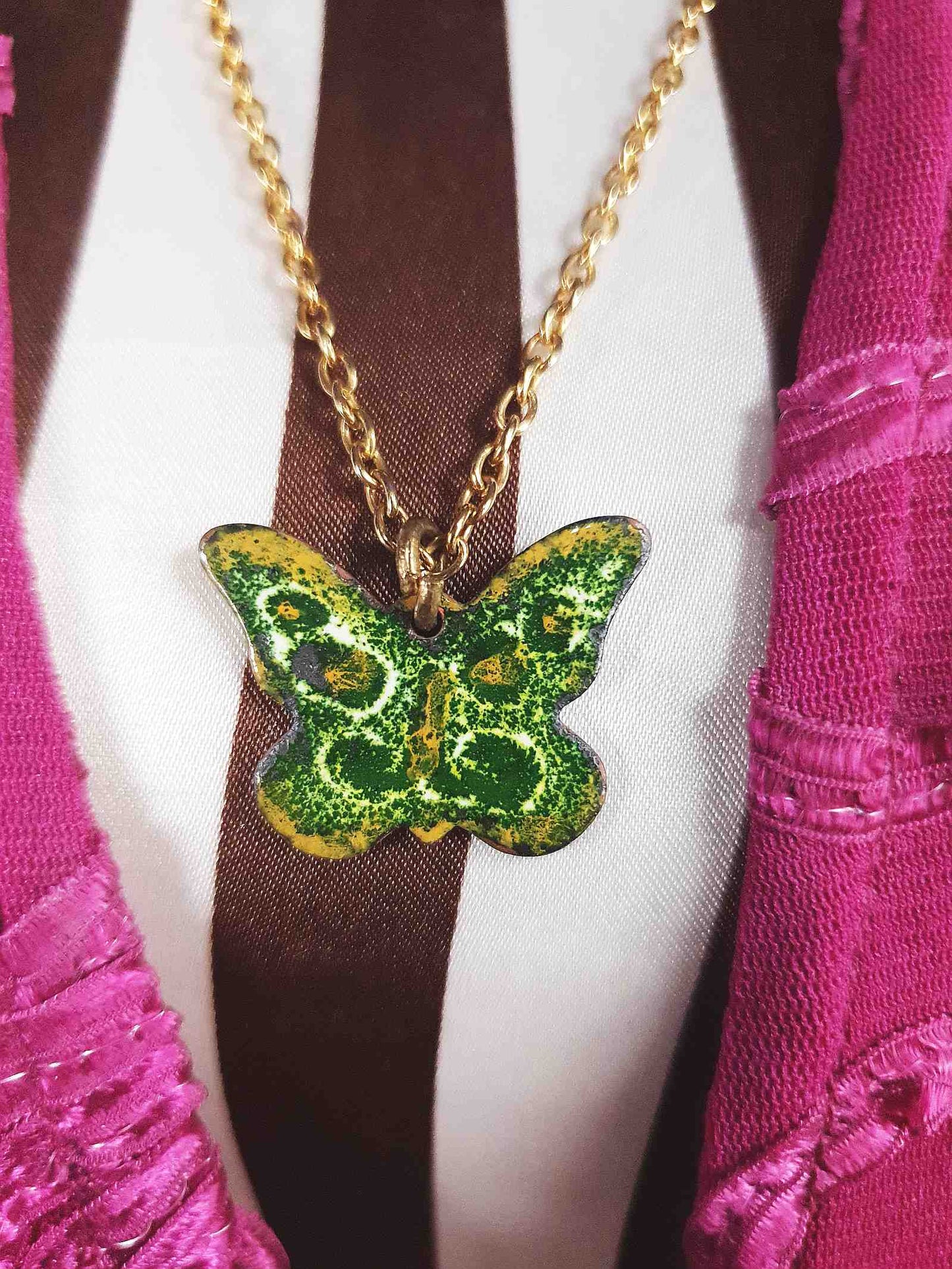 Vintage Green Enamel Butterfly Pendant Necklace 26" 1970s Retro