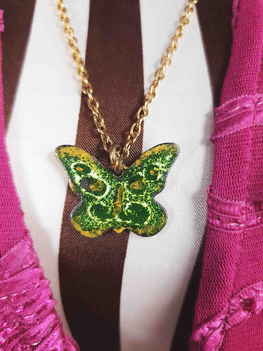 Vintage Green Enamel Butterfly Pendant Necklace 26" 1970s Retro
