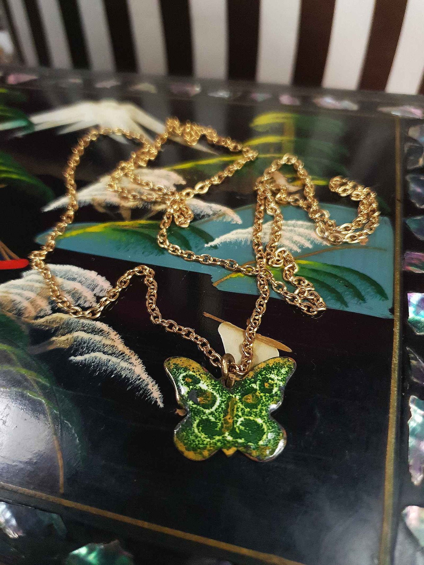 Vintage Green Enamel Butterfly Pendant Necklace 26" 1970s Retro