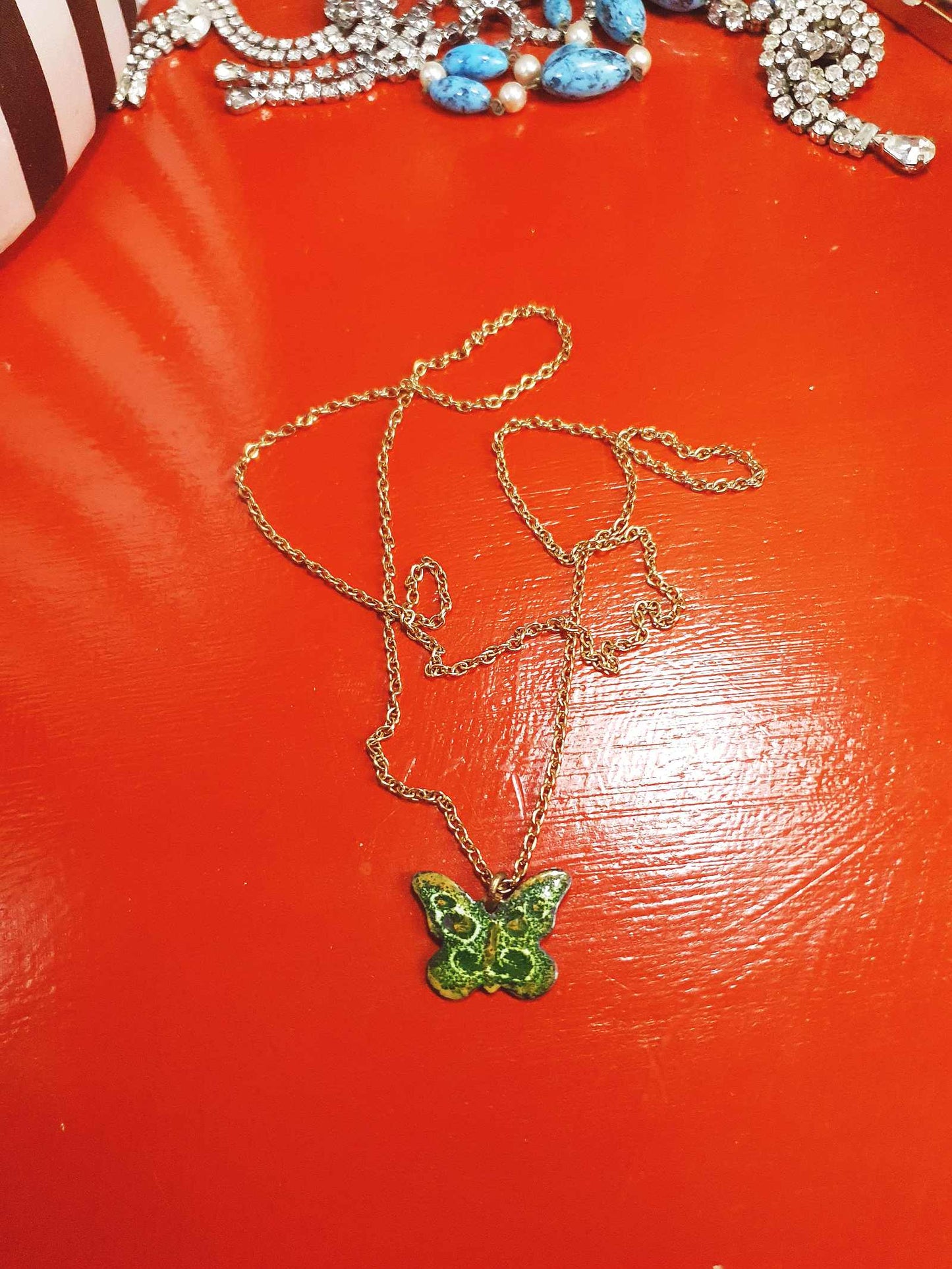 Vintage Green Enamel Butterfly Pendant Necklace 26" 1970s Retro