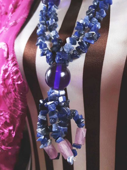Vintage  1970s Purple Blue Lapis Lazuli Necklace Boho Statement Bohemian Gemstone