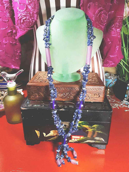 Vintage  1970s Purple Blue Lapis Lazuli Necklace Boho Statement Bohemian Gemstone
